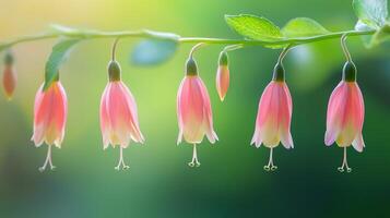 Small flowers gracefully hanging down in the center of the frame on a green background. 5 photo