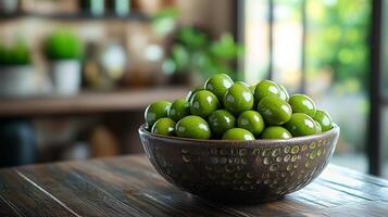 Close-up of a table and a bowl with olives in a living room. 4 photo