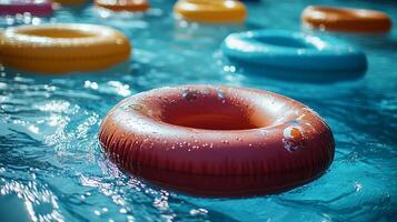 Inflatable swimming rings floating on the water surface of an outdoor pool. 2 photo