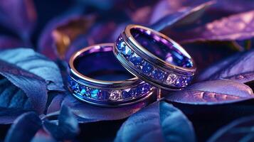 A set of two luxurious rings with intricate details, resting on dark leaves. 7 photo
