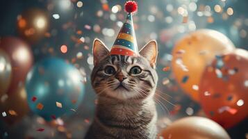 Happy cat wearing a colorful party hat surrounded by balloons and confetti. 2 photo