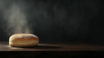 A round bread loaf with a golden crust placed on a wooden table against a dark background. 16 photo