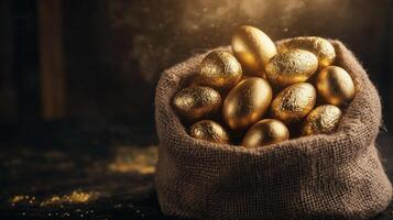 A burlap sack filled with golden chocolate eggs. 8 photo