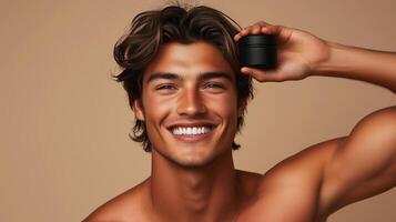 Male model with smiling expression holding black body balm in hand above head. 6 photo
