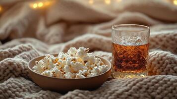 lowball glass of bourbon sitting beside a bowl of freshly popped popcorn. 16 photo