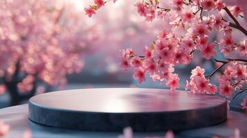 A round podium with pink sakura flowers on it, a blurred background with blooming cherry. 13 photo