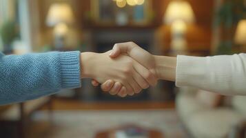 Close-up of two people shaking hands, with a living room background. 3 photo