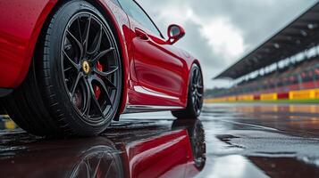 A red car is on the wet asphalt in front of an overcast sky and raindrops falling from above. 4 photo