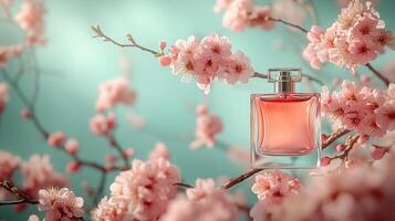A perfume bottle standing on a branch of pink cherry blossoms with light green background. 10 photo
