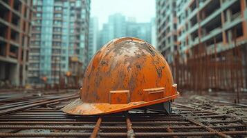A rugged orange construction helmet rests on top of a building material. 3 photo