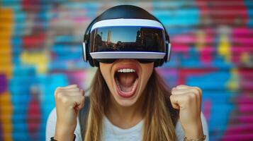 Woman wearing a virtual reality headset and screaming while playing a game. 16 photo