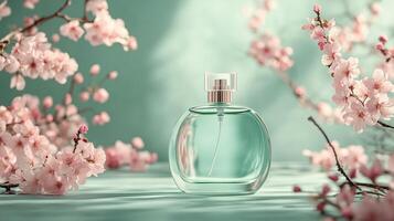 A perfume bottle standing on a branch of pink cherry blossoms with light green background. 11 photo