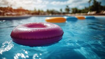Inflatable swimming rings floating on the water surface of an outdoor pool. 3 photo
