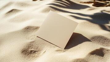 A blank square card on the sand, with shadows and ripples of sunlight. 9 photo