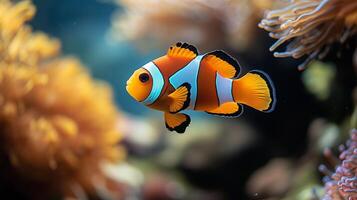 Nemo fish with bright orange color and striking black stripes, swimming in a colorful aquarium. 2 photo