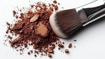 Makeup powder in a brown color with a brush on a white background. 4 photo