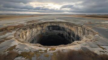 Very large, circular, dark, empty, bottomless sinkhole in the middle of an airfield strip. 11 photo