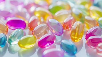 Gummy vitamins, multivitamin gels in various colors and sizes on white background. 11 photo