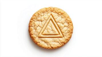Circular cookie with the triangle simple icon on it, isolated on solid white background. 15 photo
