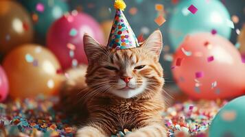 Happy cat wearing a colorful party hat surrounded by balloons and confetti. 3 photo