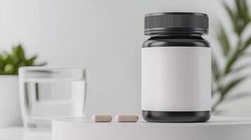A bottle of matte brown jar with a blank white label on the table next to beige pills. 5 photo