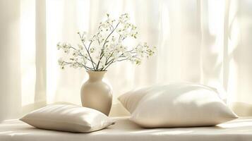 A beige ceramic vase with white flowers on the table, next to cream pillows. 16 photo