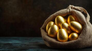 A burlap sack filled with golden chocolate eggs. 9 photo