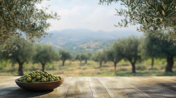 An olive grove on a sunny day, with a table with a bowl of green olives. 1 photo