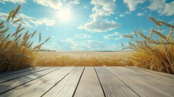 There are two golden wheat ears on the wooden floor, with a wheat field and blue sky. 11 photo