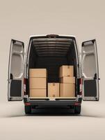 Modern delivery van with open doors, and cardboard boxes inside, isolated on a light background. 6 photo