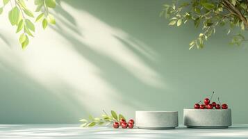The pedestals of varying sizes and red cherry fruits with olive tree leaves are placed on the table. 5 photo