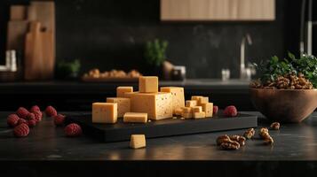 A kitchen with a board of different cheeses cut into small squares and triangles. 1 photo