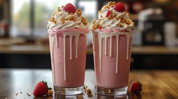 Two glasses filled with a pink milkshake topped with whipped cream, strawberry, and cookie. 11 photo