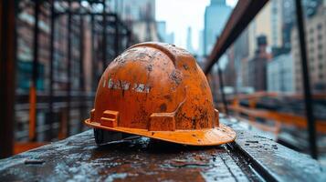 A rugged orange construction helmet rests on top of a building material. 4 photo