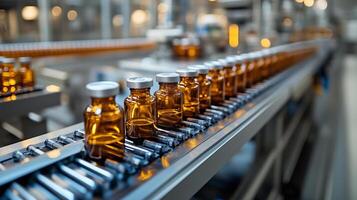 In a sterile, white factory, a conveyor belt carried vials, each filled with a medication. 2 photo