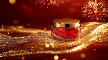 un cara crema tarro con dorado alfombra y fuegos artificiales en un rojo antecedentes. 1 foto