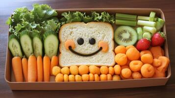 Child's lunch box featuring a fun arrangement of healthy foods, including a smiling sandwich. 12 photo
