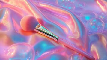 A makeup brush with large bubbles around it, against neon pink fabric. 13 photo