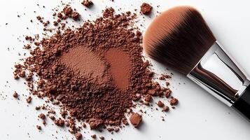 Makeup powder in a brown color with a brush on a white background. 5 photo