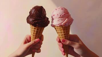 Two hands holding chocolate and strawberry ice cream cones. 7 photo