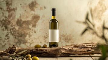 A bottle of olive oil with the olives and wooden branch. 2 photo