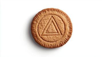 Circular cookie with the triangle simple icon on it, isolated on solid white background. 16 photo