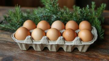 Fresh eggs in an egg carton on kitchen counter with natural light. 3 photo