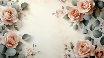 A luxurious wedding invitation design featuring floral borders with pink roses and eucalyptus leaves. 5 photo