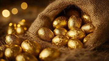 A burlap sack filled with golden chocolate eggs. 10 photo