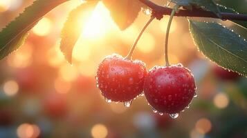 A natural background with sun rays shining on two juicy red cherries hanging from the branches. 14 photo