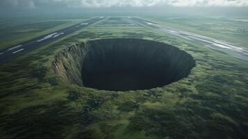 Very large, circular, dark, empty, bottomless sinkhole in the middle of an airfield strip. 12 photo