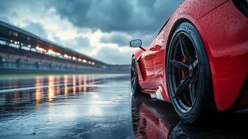 A red car is on the wet asphalt in front of an overcast sky and raindrops falling from above. 6 photo