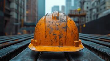 A rugged orange construction helmet rests on top of a building material. 5 photo