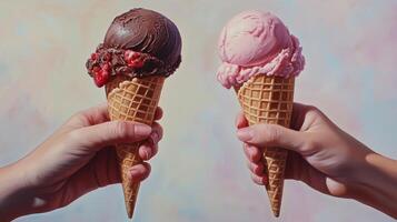 Two hands holding chocolate and strawberry ice cream cones. 8 photo